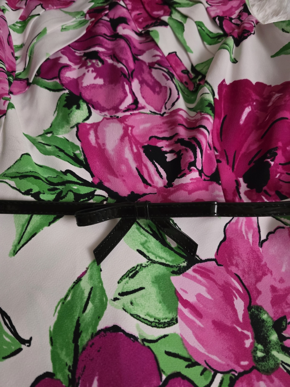 Bright Pink Floral Fit & Flare Dress with Black Belt - Picture 2 of 5